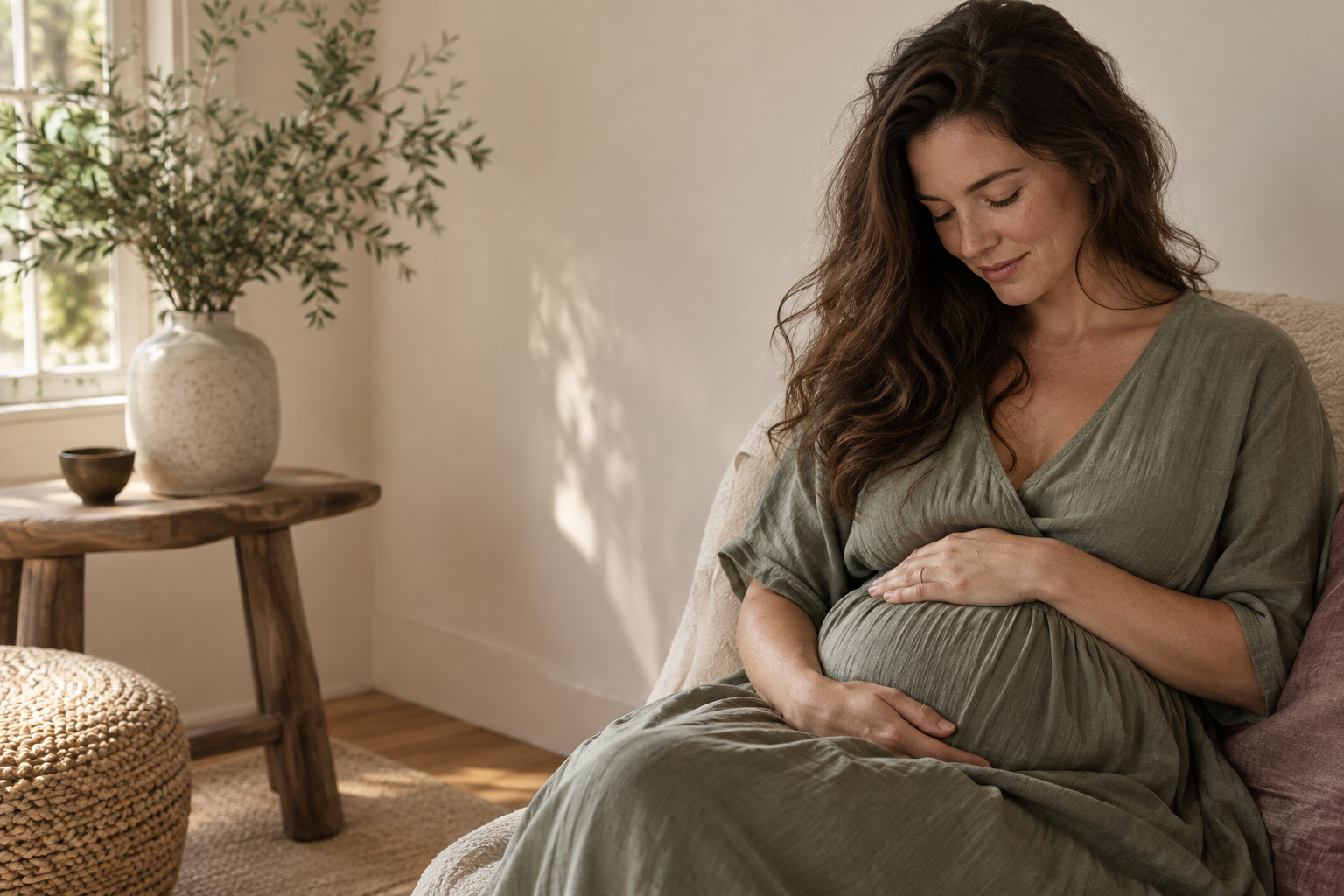 Expectant mother seated in a softly lit room